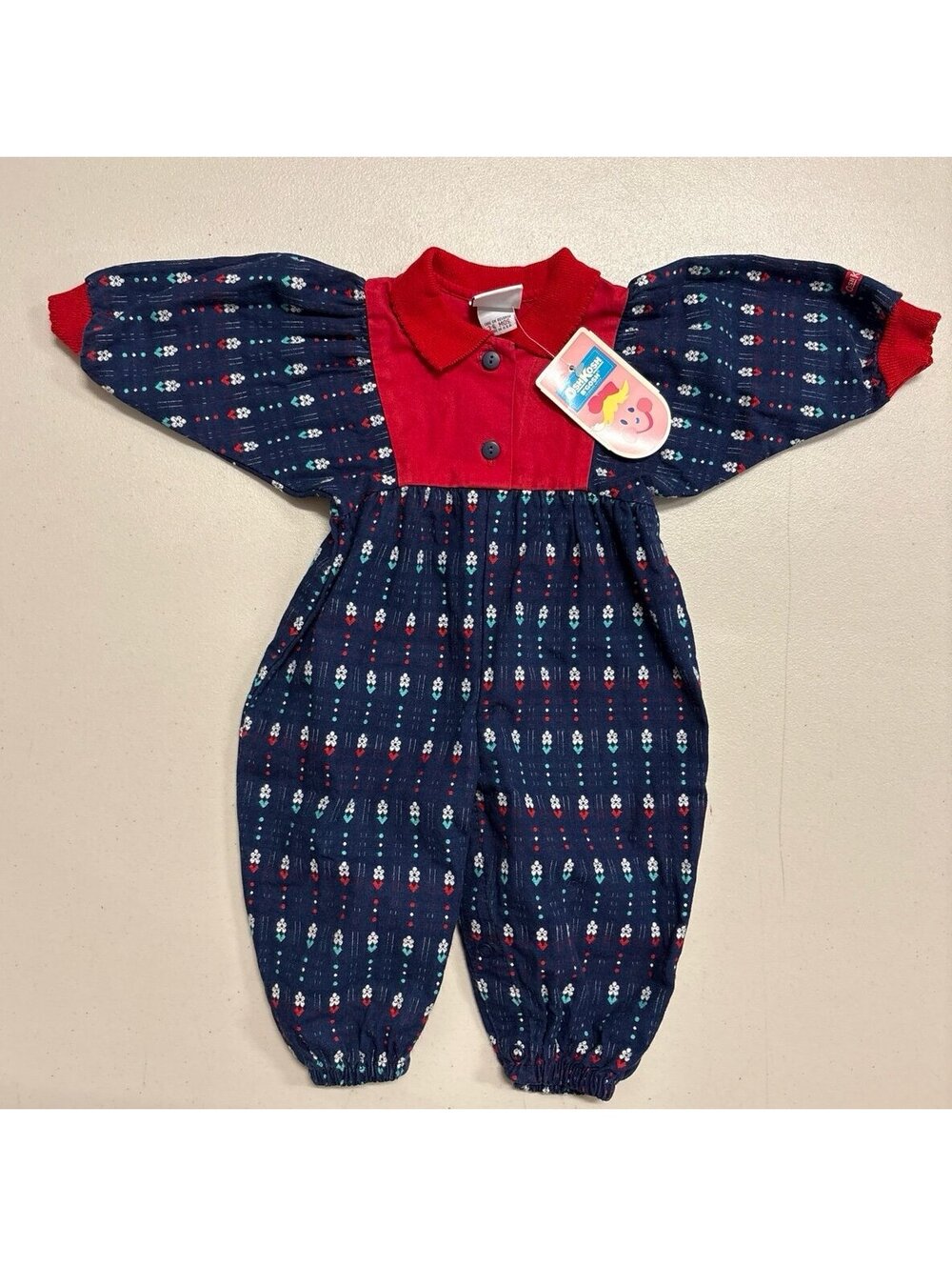 Vintage OshKosh B'Gosh Baby Romper 3-6M NWT Navy Floral Red Collar Snap Bottom